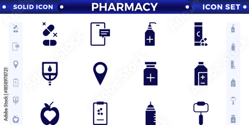 Medical and pharmacy solid icons collection. Big UI icon set in a flat design. Solid icons pack.

