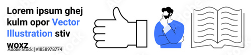 Decision-making, knowledge sharing, approval, brainstorming, evaluation, learning resources. A thinking person, thumbs-up sign and an open book. Decision-making and knowledge sharing concepts