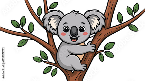 Vector illustration of a cute happy cartoon koala bear sitting on a eucalyptus tree branch with green leaves