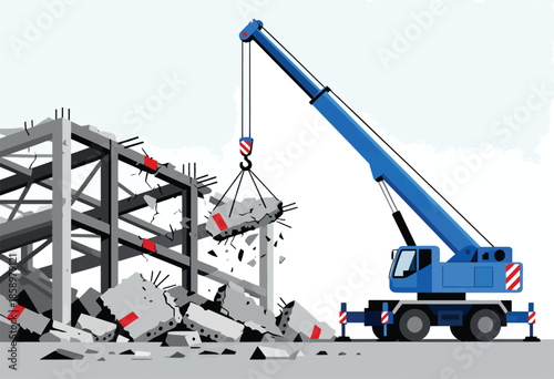 A blue crane lifts debris from a partially demolished concrete structure