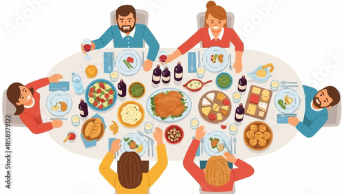 Family and friends enjoying a festive meal together around a large table.