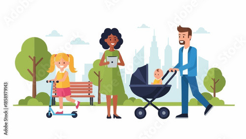 Family enjoying a day out in the park with a stroller and scooter.