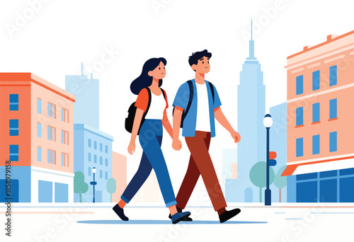 Young couple holding hands walk through a city with tall buildings and trees