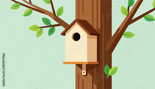 A simple wooden birdhouse is mounted on a tree trunk surrounded by green leaves