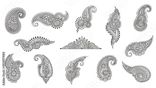Henna tattoos ink sketch vector set. Floral leaves stems ornamental pattern skin maroon red temporary tattoo illustrations isolated on transparent background