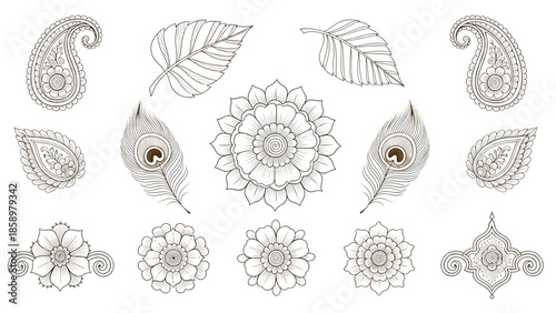 Henna tattoos ink sketch vector set. Floral leaves stems ornamental pattern skin maroon red temporary tattoo illustrations isolated on transparent background