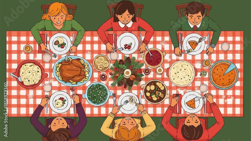 Family enjoying a festive holiday dinner together around a table.