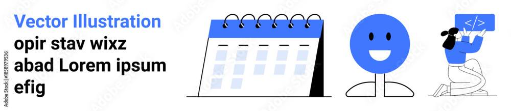 Fototapeta premium Productivity tools, time management, digital communication, planning tasks, user interface, creativity. A calendar, happy face and person holding a tablet. Productivity tools and time management