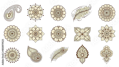 Henna tattoos ink sketch vector set. Floral leaves stems ornamental pattern skin maroon red temporary tattoo illustrations isolated on transparent background