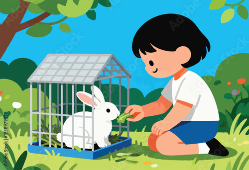 Child feeds a white rabbit a leafy green vegetable in an outdoor enclosure