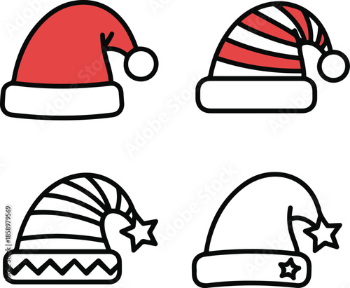 Set of four Christmas hat vector icons featuring two colored red Santa Claus caps and two black and white outline elf hats.