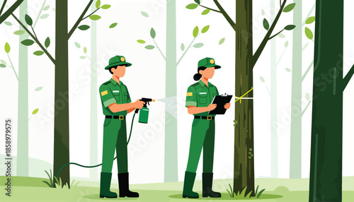 Two foresters inspect trees, one spraying, the other marking