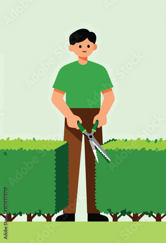 Person with scissors tending to green bushes