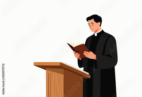 Cleric in black robes reads from an open book at a wooden podium
