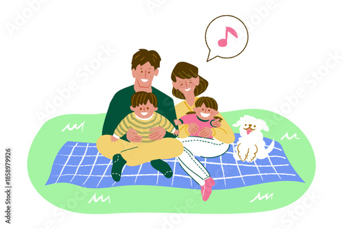 家族とペットで仲良くレジャーシートに座っているイラスト