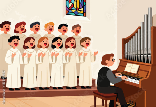 A choir of children in white robes sings joyfully, accompanied by an organist