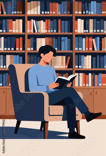 Person seated in armchair reading a book in front of a bookshelf
