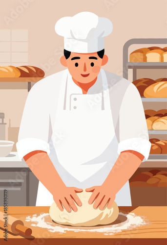 Baker in white uniform kneading dough with flour on wooden table, surrounded by bread