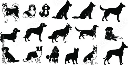 Detailed Black and White Vector Illustration Set Featuring Diverse Dog Breed Silhouettes and Poses for Professional Pet Design