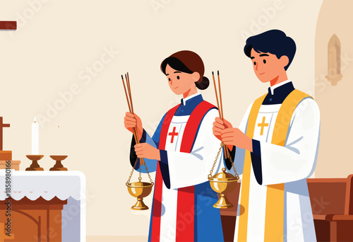 Two individuals in clerical robes hold incense burners, participating in a religious ceremony