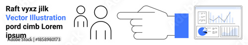 Hand pointing at two user icons next to a data dashboard displaying graphs and pie chart. Ideal for team management, decision-making, analytics, user interaction, leadership, teamwork, simple landing