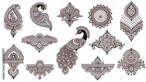 Henna tattoos ink sketch vector set. Floral leaves stems ornamental pattern skin maroon red temporary tattoo illustrations isolated on transparent background