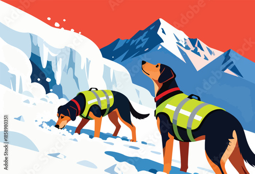 Two search dogs in high-visibility vests search a snowy mountainside under a red sky