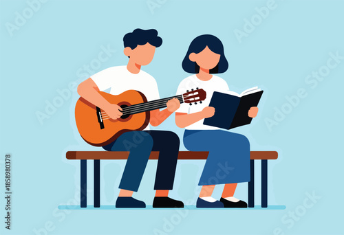 Two people sit on a bench, one playing guitar while the other reads a book