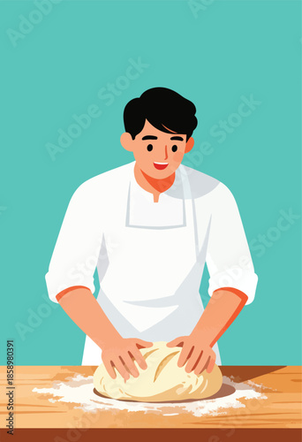 Smiling man in apron kneading dough on a wooden counter