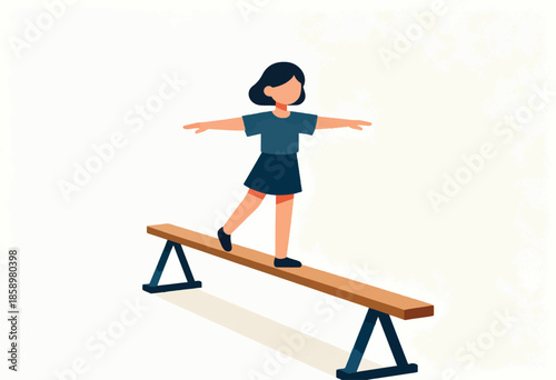 A cartoon girl balances on a wooden beam with arms outstretched