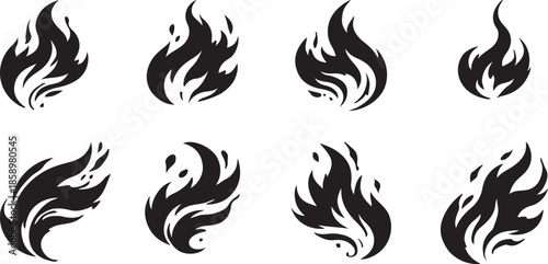 Abstract black flame icon set with dynamic fire shapes, minimalist vector silhouettes representing heat, energy, power, and motion on white background.