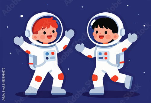Two smiling children in white spacesuits wave in the starry dark blue expanse