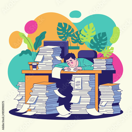 Burnout Stressed employee overwhelmed by massive piles of office documents and heavy workload