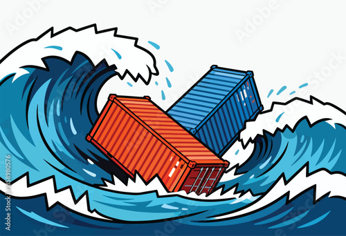 Shipping containers tossed by a massive, stylized wave, symbolizing disaster
