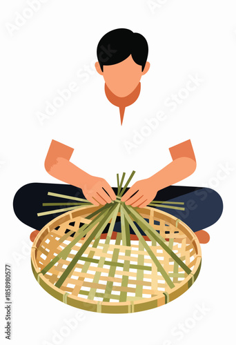 Person weaving a traditional bamboo basket