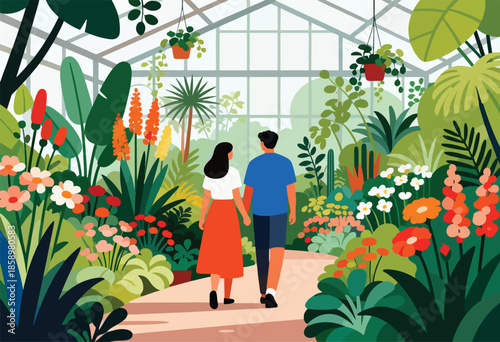 Couple walks hand-in-hand through a lush, vibrant greenhouse filled with diverse plants and flowers