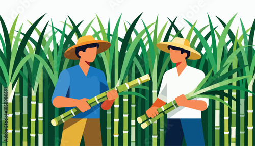Two individuals in hats stand in a field of tall green sugarcane stalks, holding harvested stalks
