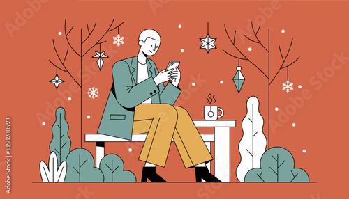 Stylish illustration of a man using a smartphone during a winter holiday break with a warm drink