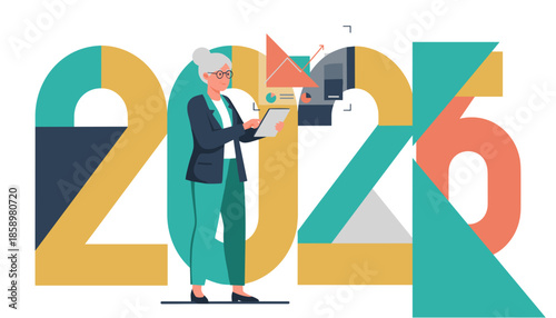 2026 business outlook Senior woman analyzing data charts on tablet