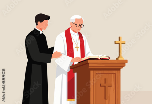 Two clergymen in robes stand at a wooden lectern with an open bible and cross