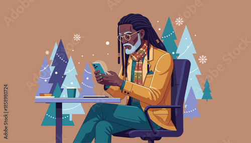 Stylish Black man using smartphone at a table in a festive winter holiday illustration