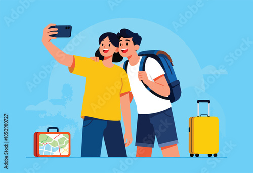 Happy couple taking a selfie with luggage and map