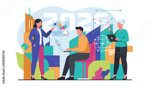 Business team planning future strategy for 2025 Data analysis technology and global collaboration concept