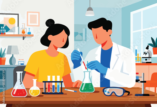 Two individuals in a laboratory setting conduct an experiment with various beakers, tubes, and a microscope