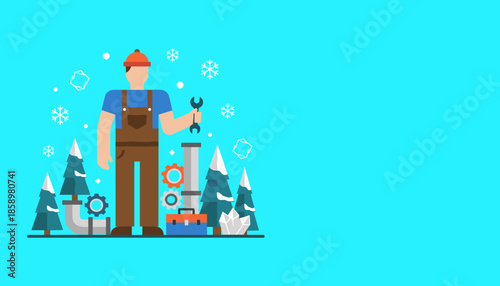 Winter maintenance technician holding a wrench near pipes and gears Flat design illustration