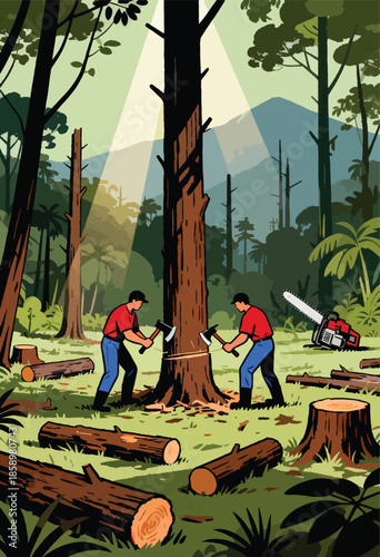 Two lumberjacks fell a tree with axes, logs and a chainsaw lie nearby