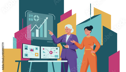 Businesswomen analyzing financial growth data on virtual screens