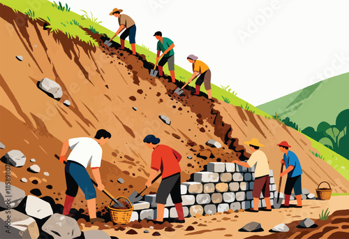 Diverse group working on a steep, rocky incline, building a stone wall
