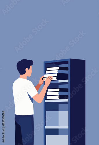 Person organizing books on a shelf