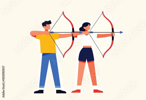 Two people aiming bows and arrows, ready to shoot